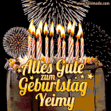A chocolate birthday cake with glowing candles, the German text 'Alles Gute zum Geburtstag Yeimy,' and vibrant fireworks lighting up the background in an animated GIF.