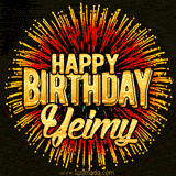 Golden 'Happy Birthday Yeimy' text accompanied by animated rainbow fireworks for a festive animated greeting.