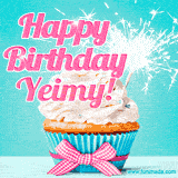 A festive cupcake with pink icing, a gingham bow, and a lit animated sparkler, paired with 'Happy Birthday Yeimy!' in bright pink text.