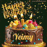 A delightful chocolate birthday cake with bright candles and 'Happy Birthday Yeimy' written in gold amidst a shower of animated stars.