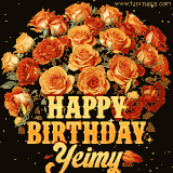 Animated bouquet of orange roses with moving butterfles and golden 'Happy Birthday Yeimy' text, surrounded by sparkling accents and a dark backdrop for a luxurious feel.