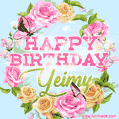 A charming animated GIF featuring 'Happy Birthday Yeimy' in pink and green text, surrounded by delicate roses, leaves, and fluttering butterflies on a soft light blue pastel background.