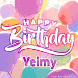 A vibrant name GIF featuring colorful balloons in shades of pink, orange, and yellow with the bold text 'Happy Birthday Yeimy' in festive fonts, creating a lively birthday vibe.