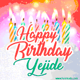 Bright birthday candles with rainbow flames on a cake, alongside the text 'Happy Birthday Yejide' in vibrant script in this celebratory animated GIF.