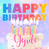 A vibrant animated name GIF with the words 'Happy Birthday Yejide' with colorful candles on a creamy cake. The background sparkles with pastel shades, adding a festive touch.