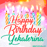 Bright birthday candles with rainbow flames on a cake, alongside the text 'Happy Birthday Yekaterina' in vibrant script in this celebratory animated GIF.