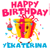 A vibrant and funny gift box character with a happy face dancing with a cupcake and the text 'Happy Birthday Yekaterina,' surrounded by animated confetti and party vibes.