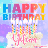 A vibrant animated name GIF with the words 'Happy Birthday Yelena' with colorful candles on a creamy cake. The background sparkles with pastel shades, adding a festive touch.