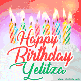 Bright birthday candles with rainbow flames on a cake, alongside the text 'Happy Birthday Yelitza' in vibrant script in this celebratory animated GIF.