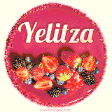 Beautifully decorated red velvet berry birthday cake with vibrant fruits and a glowing 'Yelitza' name, adding a touch of sweetness and sparkle.