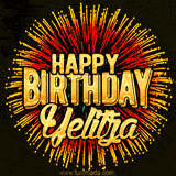 Golden 'Happy Birthday Yelitza' text accompanied by animated rainbow fireworks for a festive animated greeting.