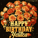 Animated bouquet of orange roses with moving butterfles and golden 'Happy Birthday Yelitza' text, surrounded by sparkling accents and a dark backdrop for a luxurious feel.