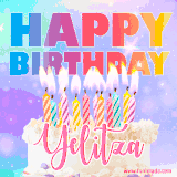 A vibrant animated name GIF with the words 'Happy Birthday Yelitza' with colorful candles on a creamy cake. The background sparkles with pastel shades, adding a festive touch.
