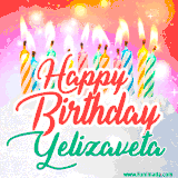 Bright birthday candles with rainbow flames on a cake, alongside the text 'Happy Birthday Yelizaveta' in vibrant script in this celebratory animated GIF.