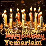 A glowing personalized birthday GIF with name Yemariam featuring lit candles with intricate designs, warm lighting, and the text 'Happy Birthday' in an elegant font.