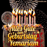 A chocolate birthday cake with glowing candles, the German text 'Alles Gute zum Geburtstag Yemariam,' and vibrant fireworks lighting up the background in an animated GIF.