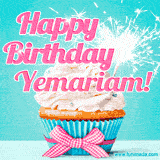 A festive cupcake with pink icing, a gingham bow, and a lit animated sparkler, paired with 'Happy Birthday Yemariam!' in bright pink text.