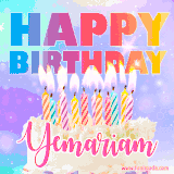 A vibrant animated name GIF with the words 'Happy Birthday Yemariam' with colorful candles on a creamy cake. The background sparkles with pastel shades, adding a festive touch.