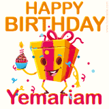 A vibrant and funny gift box character with a happy face dancing with a cupcake and the text 'Happy Birthday Yemariam,' surrounded by animated confetti and party vibes.