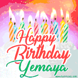 Bright birthday candles with rainbow flames on a cake, alongside the text 'Happy Birthday Yemaya' in vibrant script in this celebratory animated GIF.