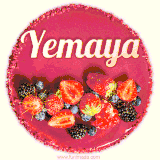 Beautifully decorated red velvet berry birthday cake with vibrant fruits and a glowing 'Yemaya' name, adding a touch of sweetness and sparkle.