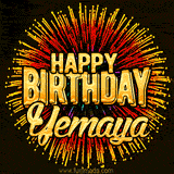 Golden 'Happy Birthday Yemaya' text accompanied by animated rainbow fireworks for a festive animated greeting.