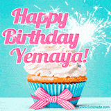 A festive cupcake with pink icing, a gingham bow, and a lit animated sparkler, paired with 'Happy Birthday Yemaya!' in bright pink text.