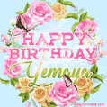 A charming animated GIF featuring 'Happy Birthday Yemaya' in pink and green text, surrounded by delicate roses, leaves, and fluttering butterflies on a soft light blue pastel background.