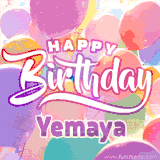 A vibrant name GIF featuring colorful balloons in shades of pink, orange, and yellow with the bold text 'Happy Birthday Yemaya' in festive fonts, creating a lively birthday vibe.