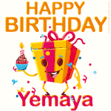 A vibrant and funny gift box character with a happy face dancing with a cupcake and the text 'Happy Birthday Yemaya,' surrounded by animated confetti and party vibes.