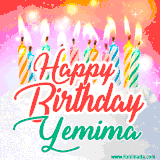 Bright birthday candles with rainbow flames on a cake, alongside the text 'Happy Birthday Yemima' in vibrant script in this celebratory animated GIF.