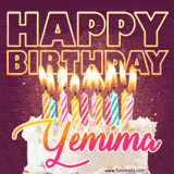 A colorful birthday cake topped with lit candles, with the words 'Happy Birthday Yemima' in bold glowing letters on a burgundy background. Animated flames add a festive touch.