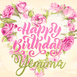 A stunning heart made of pink roses surrounds the elegant script text 'Happy Birthday Yemima' on a soft beige background. Animated sparkles add a magical and festive feel.