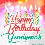 Bright birthday candles with rainbow flames on a cake, alongside the text 'Happy Birthday Yemiymah' in vibrant script in this celebratory animated GIF.
