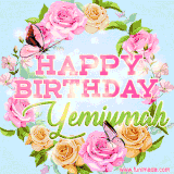 A charming animated GIF featuring 'Happy Birthday Yemiymah' in pink and green text, surrounded by delicate roses, leaves, and fluttering butterflies on a soft light blue pastel background.