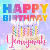 A vibrant animated name GIF with the words 'Happy Birthday Yemiymah' with colorful candles on a creamy cake. The background sparkles with pastel shades, adding a festive touch.