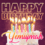 A colorful birthday cake topped with lit candles, with the words 'Happy Birthday Yemiymah' in bold glowing letters on a burgundy background. Animated flames add a festive touch.