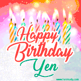 Bright birthday candles with rainbow flames on a cake, alongside the text 'Happy Birthday Yen' in vibrant script in this celebratory animated GIF.