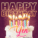 A colorful birthday cake topped with lit candles, with the words 'Happy Birthday Yen' in bold glowing letters on a burgundy background. Animated flames add a festive touch.
