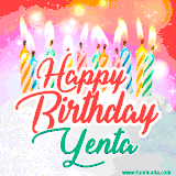 Bright birthday candles with rainbow flames on a cake, alongside the text 'Happy Birthday Yenta' in vibrant script in this celebratory animated GIF.