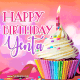 A vibrant birthday GIF featuring a rainbow-colored cupcake topped with white frosting, sprinkles, and a lit candle. The text reads 'Happy Birthday Yenta' in bold pink and violet letters with white outline.
