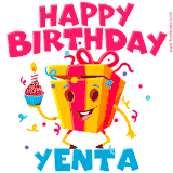A vibrant and funny gift box character with a happy face dancing with a cupcake and the text 'Happy Birthday Yenta,' surrounded by animated confetti and party vibes.