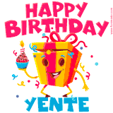 A vibrant and funny gift box character with a happy face dancing with a cupcake and the text 'Happy Birthday Yente,' surrounded by animated confetti and party vibes.