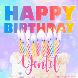 A vibrant animated name GIF with the words 'Happy Birthday Yentel' with colorful candles on a creamy cake. The background sparkles with pastel shades, adding a festive touch.