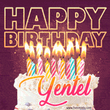 A colorful birthday cake topped with lit candles, with the words 'Happy Birthday Yentel' in bold glowing letters on a burgundy background. Animated flames add a festive touch.