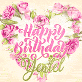 A stunning heart made of pink roses surrounds the elegant script text 'Happy Birthday Yentel' on a soft beige background. Animated sparkles add a magical and festive feel.