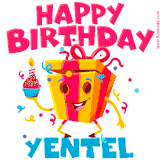A vibrant and funny gift box character with a happy face dancing with a cupcake and the text 'Happy Birthday Yentel,' surrounded by animated confetti and party vibes.