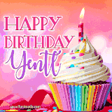 A vibrant birthday GIF featuring a rainbow-colored cupcake topped with white frosting, sprinkles, and a lit candle. The text reads 'Happy Birthday Yentl' in bold pink and violet letters with white outline.