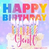 A vibrant animated name GIF with the words 'Happy Birthday Yentl' with colorful candles on a creamy cake. The background sparkles with pastel shades, adding a festive touch.