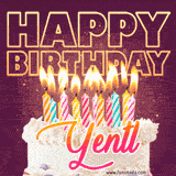 A colorful birthday cake topped with lit candles, with the words 'Happy Birthday Yentl' in bold glowing letters on a burgundy background. Animated flames add a festive touch.